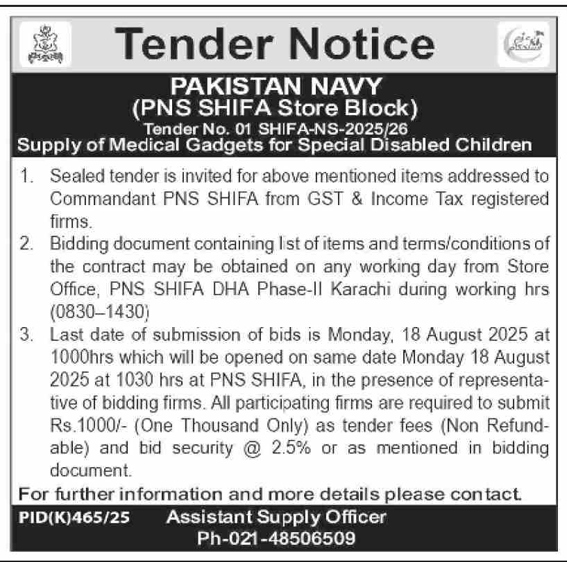 Pakistan Navy Karachi Tender Notice